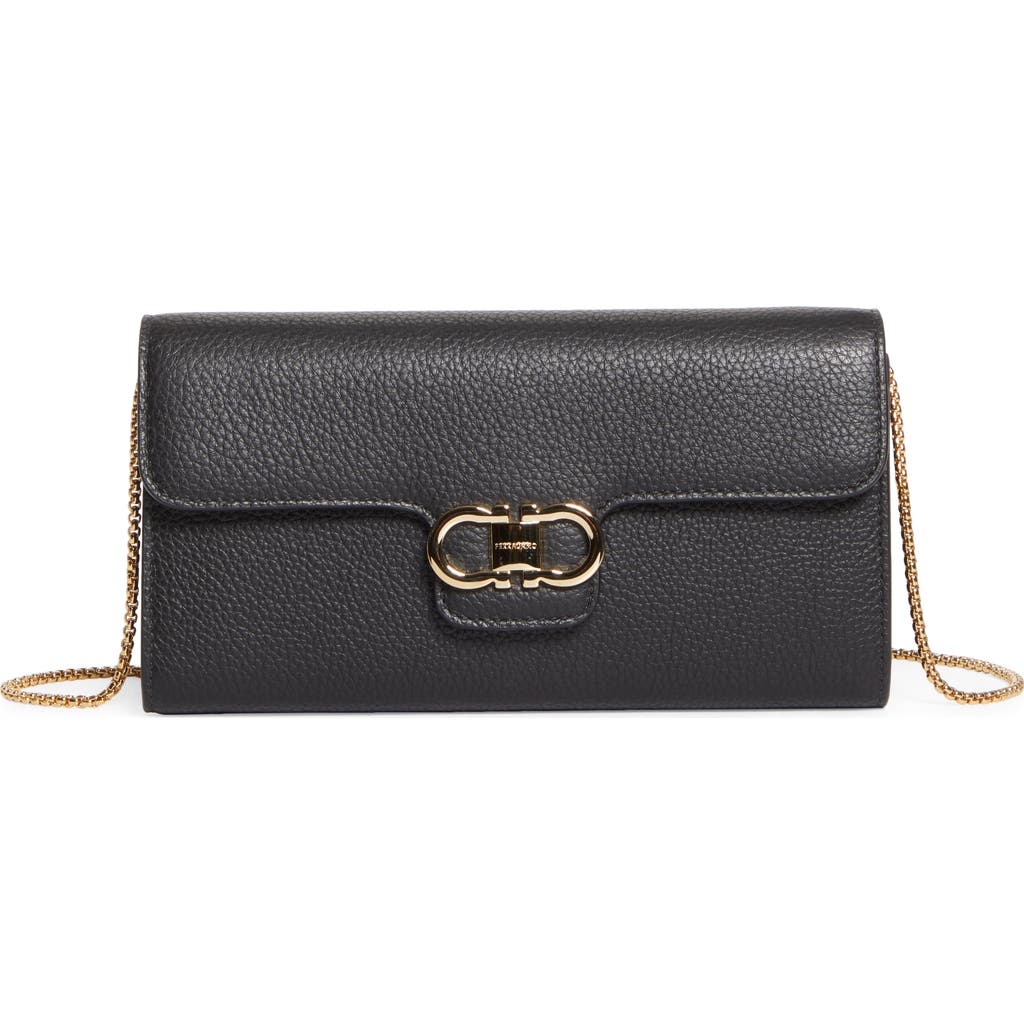 Ferragamo Gancio Grained Leather Wallet On A Chain In Black