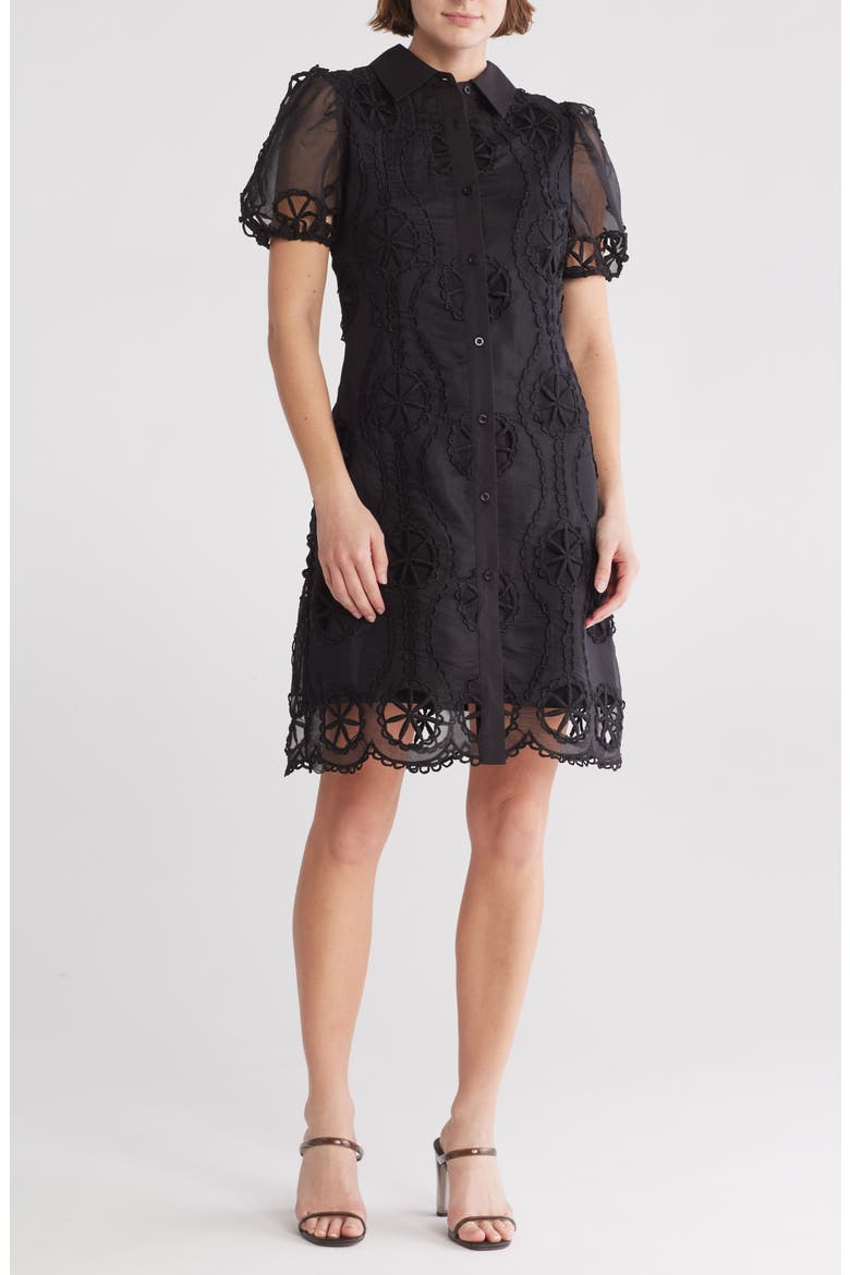 Brynn Floral Embroidered Puff Sleeve Shirtdress, Main, color, BLACK
