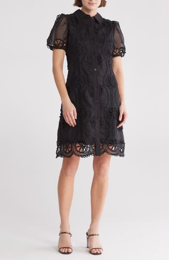 By Design Brynn Floral Embroidered Puff Sleeve Shirtdress In Black