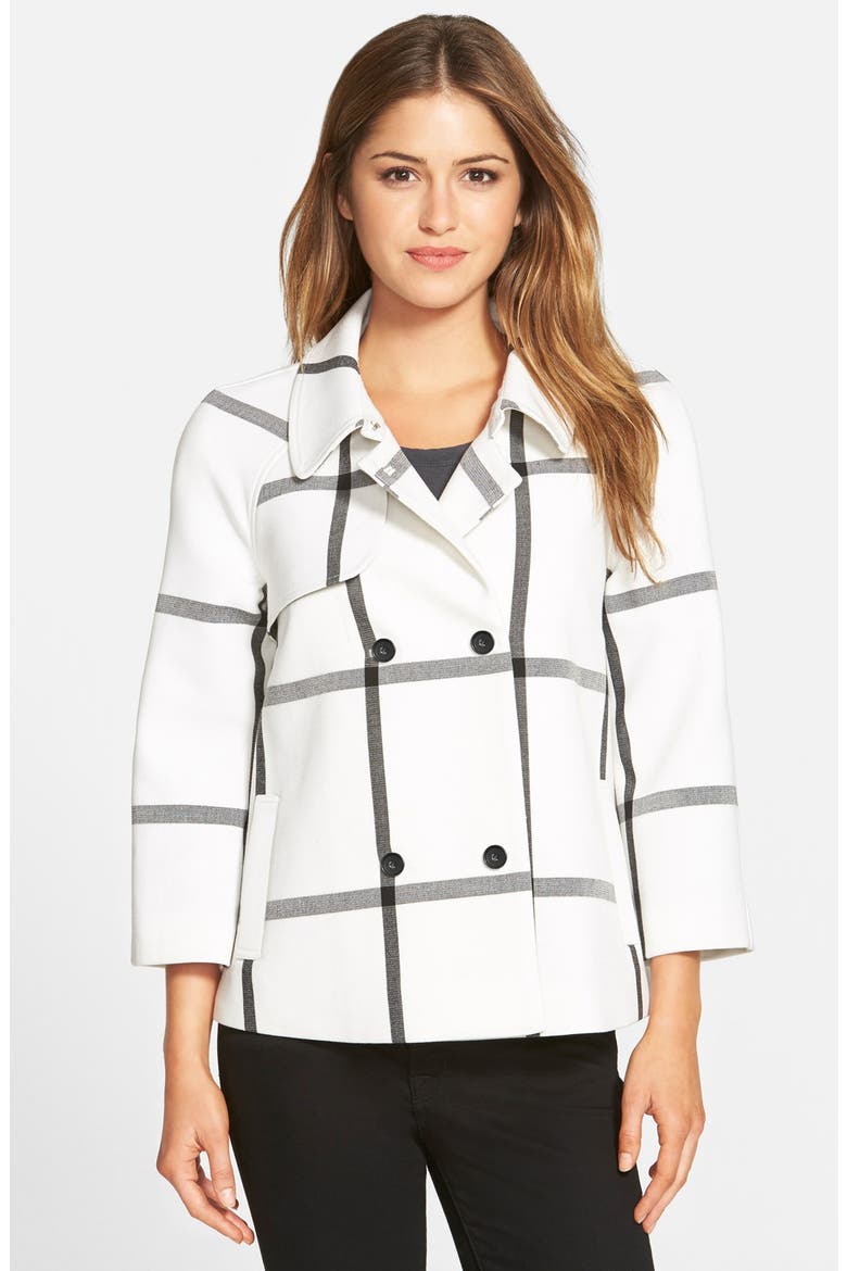 Double Breasted Raglan Sleeve Jacket, Main, color, IVORY- BLACK WINDOWPANE