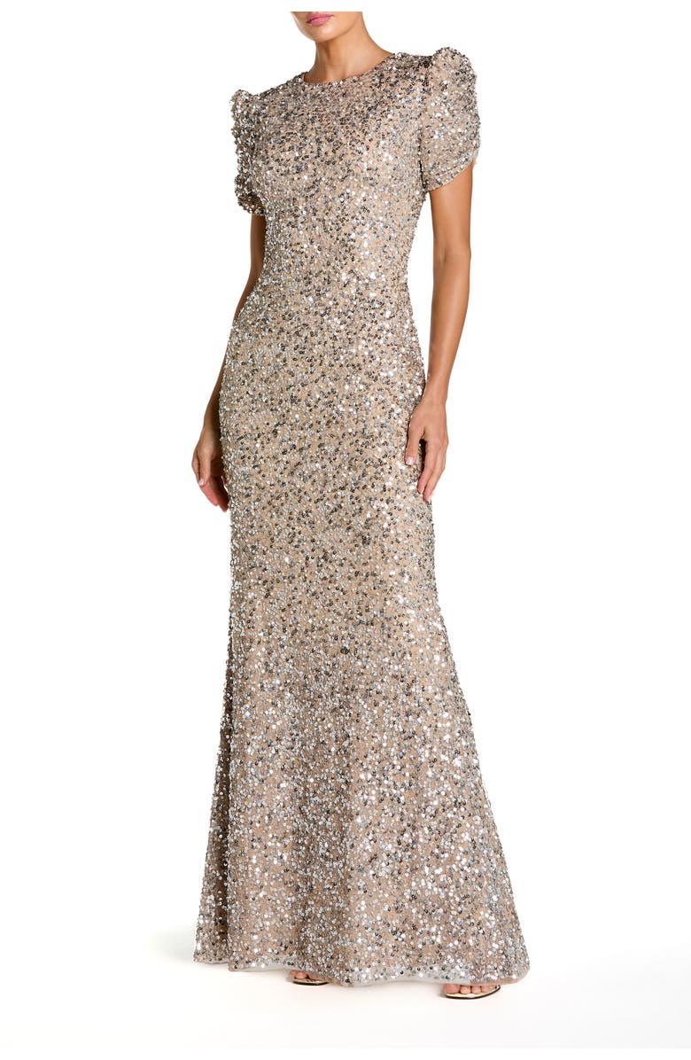 Mac Duggal Women's Embellished Mesh High-Neck Short Sleeve Gown, Main, color, Nude Silver