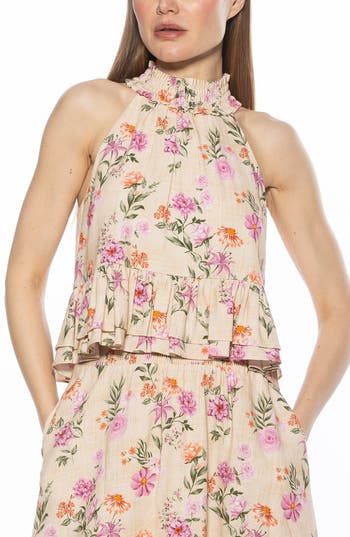 Alexia Admor Roth Smocked Ruffle Halter Top In Pink Floral