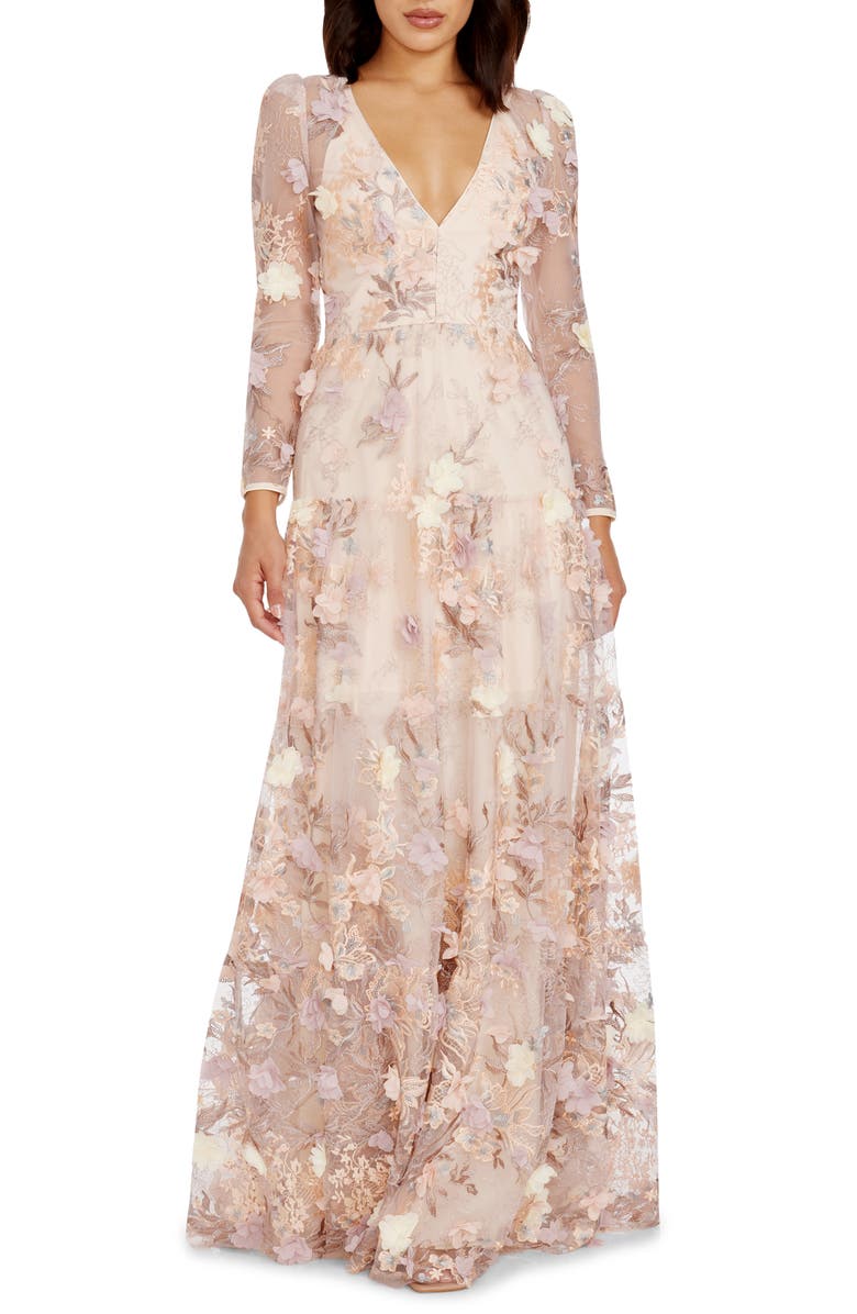 Dress the Population Angelina Floral Embroidery Long Sleeve Gown, Main, color, Cream Multi