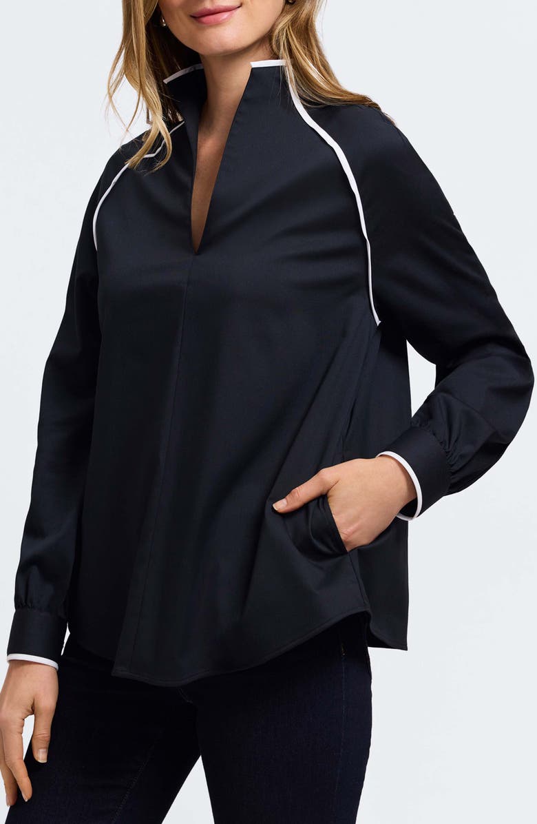 Foxcroft Daphne Contrast Piping Stretch Cotton Blend Pullover, Alternate, color, Black