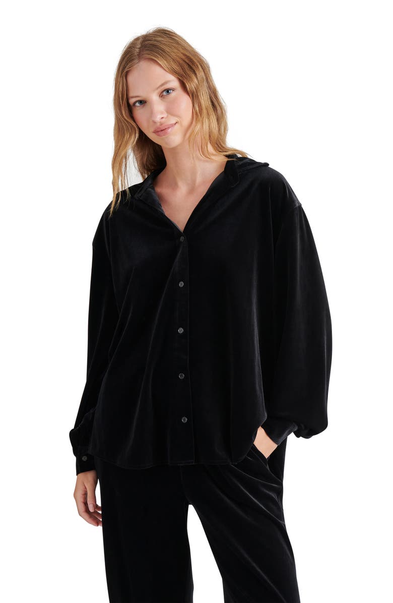 Steve Madden Jaelynn Slouchy Stretch Velvet Button-Up Shirt, Alternate, color,