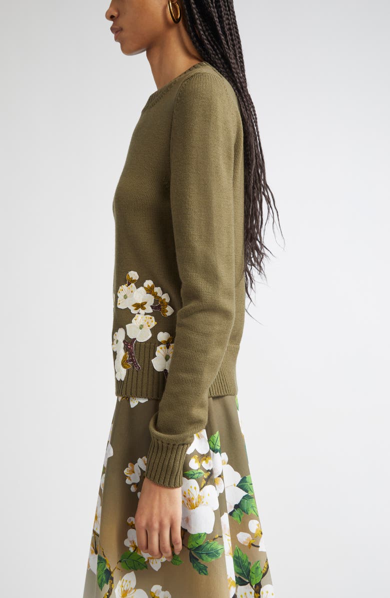 Oscar de la Renta Cherry Blossom Embroidered Virgin Wool Sweater, Alternate, color, Khaki