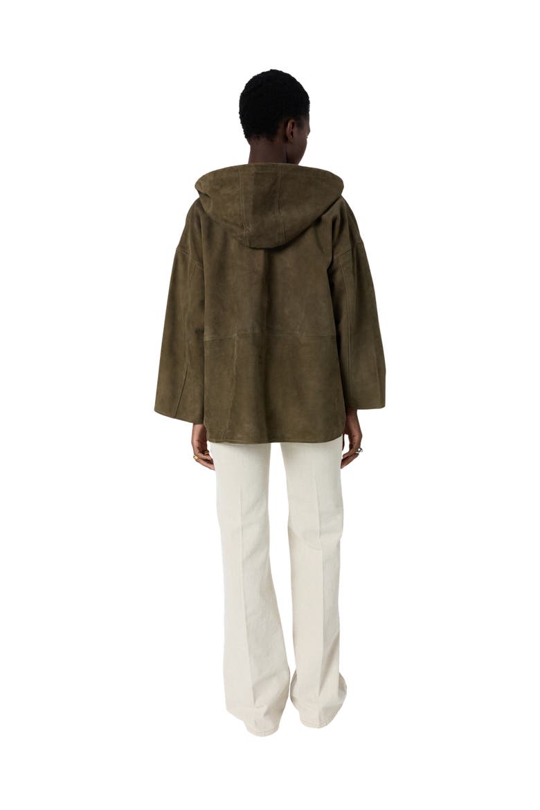 Tassya Zip-Up Hooded Suede Jacket, Alternate, color, Khaki Green