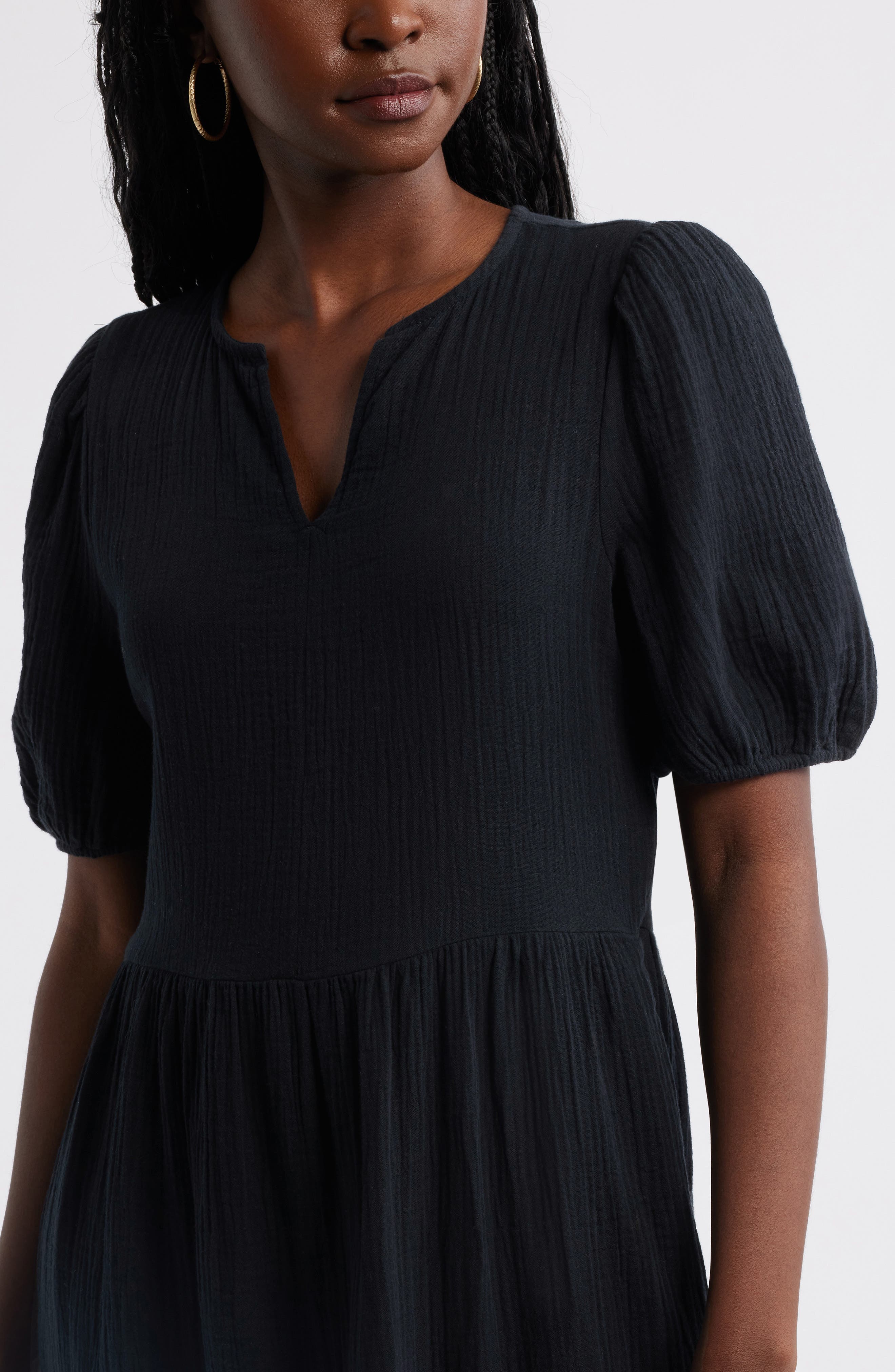 Женские Caslon® Puff Sleeve Tiered Cotton Gauze Midi Dress — фото 5