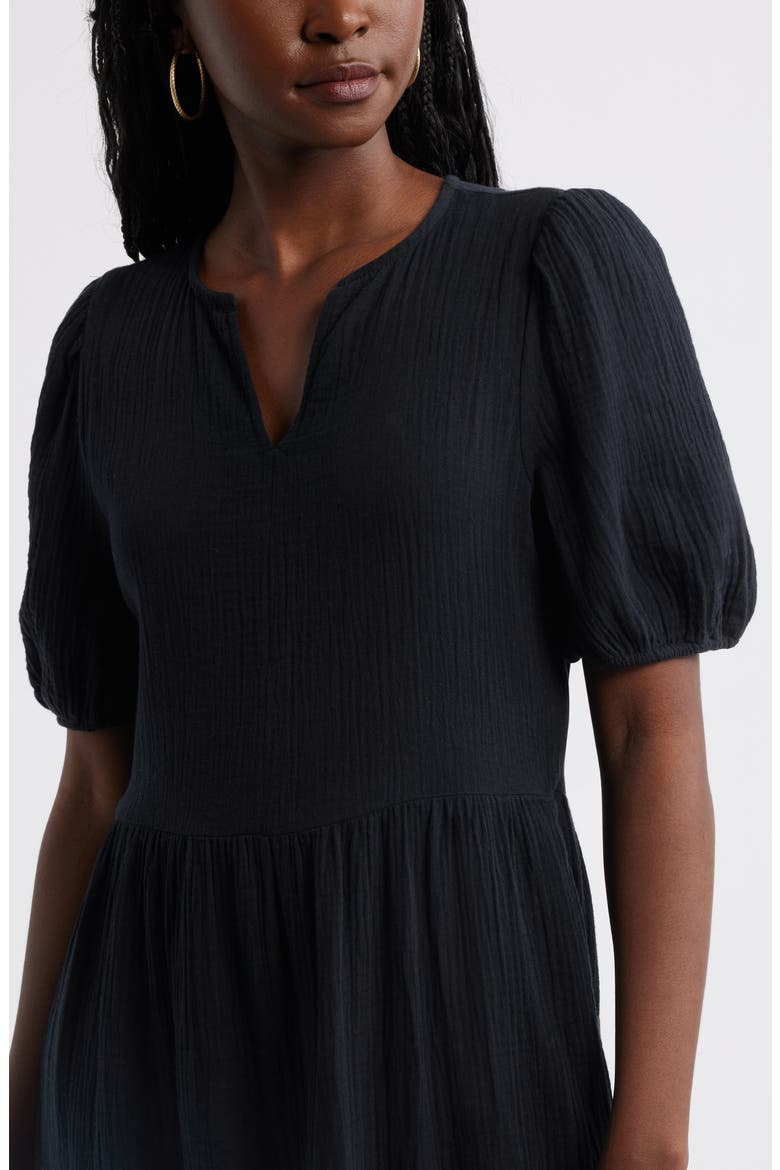 Puff Sleeve Tiered Cotton Gauze Midi Dress, Alternate, color, BLACK