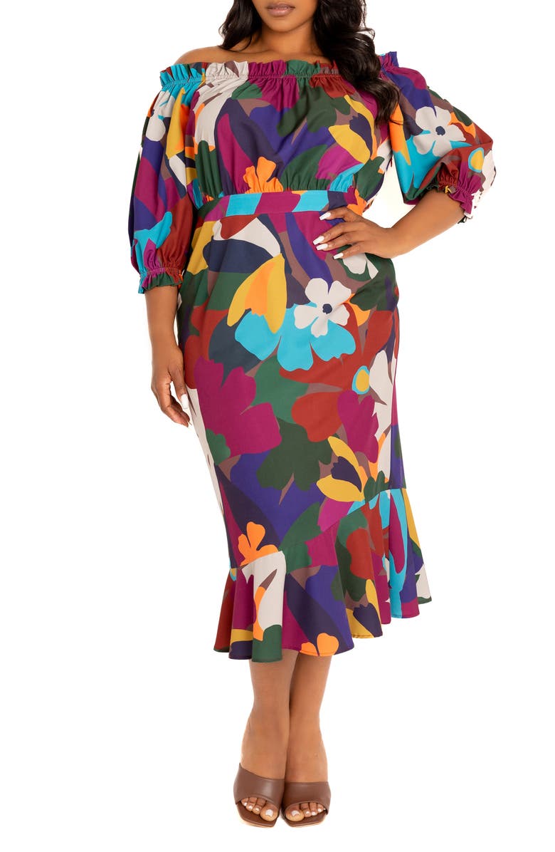 BUXOM COUTURE Floral Off-the-Shoulder Fit & Flare Dress, Alternate, color, Brown Multi