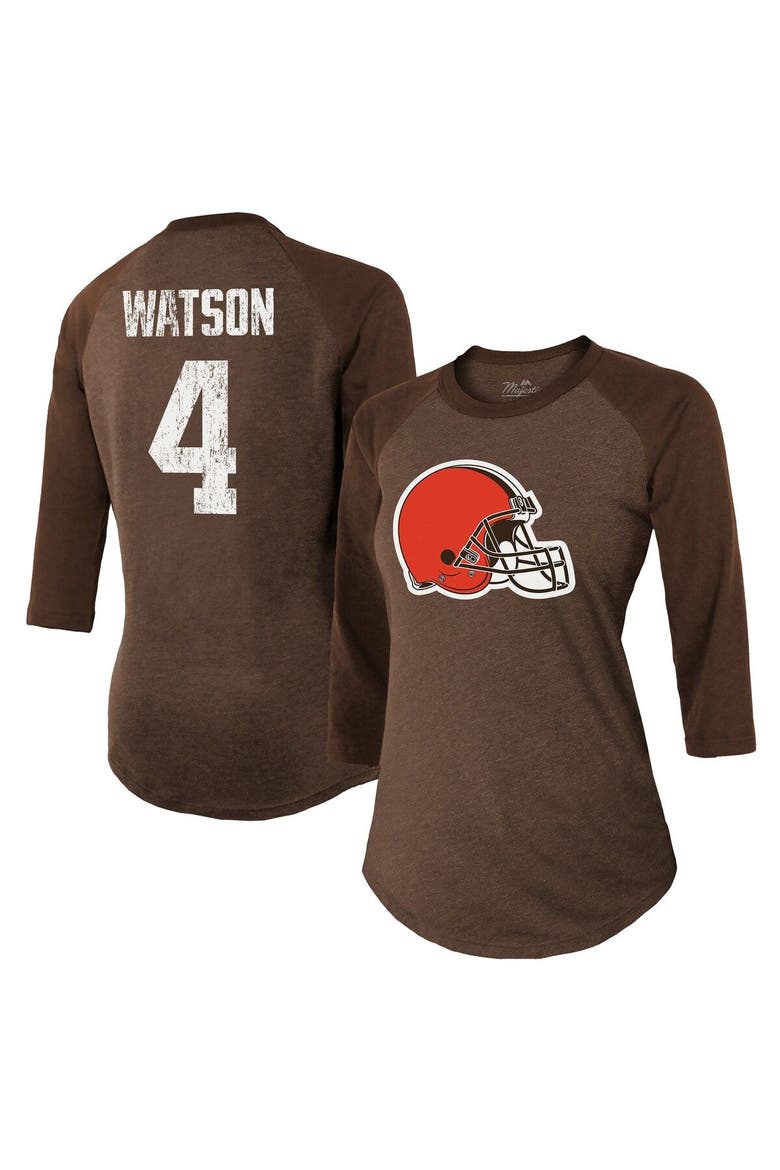 Women's Majestic Threads Deshaun Watson Brown Cleveland Browns Name & Number Raglan 3/4 Sleeve T-Shirt, Main, color, Brown