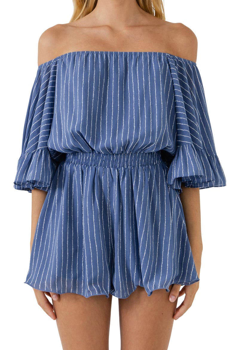 Stripe Off the Shoulder Romper, Alternate, color, BLUE/ WHITE
