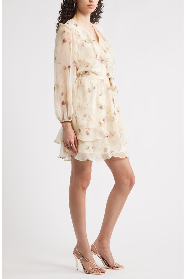 Floral Ruffle Trim Long Sleeve Chiffon Minidress, Alternate, color, BEIGE FLORAL