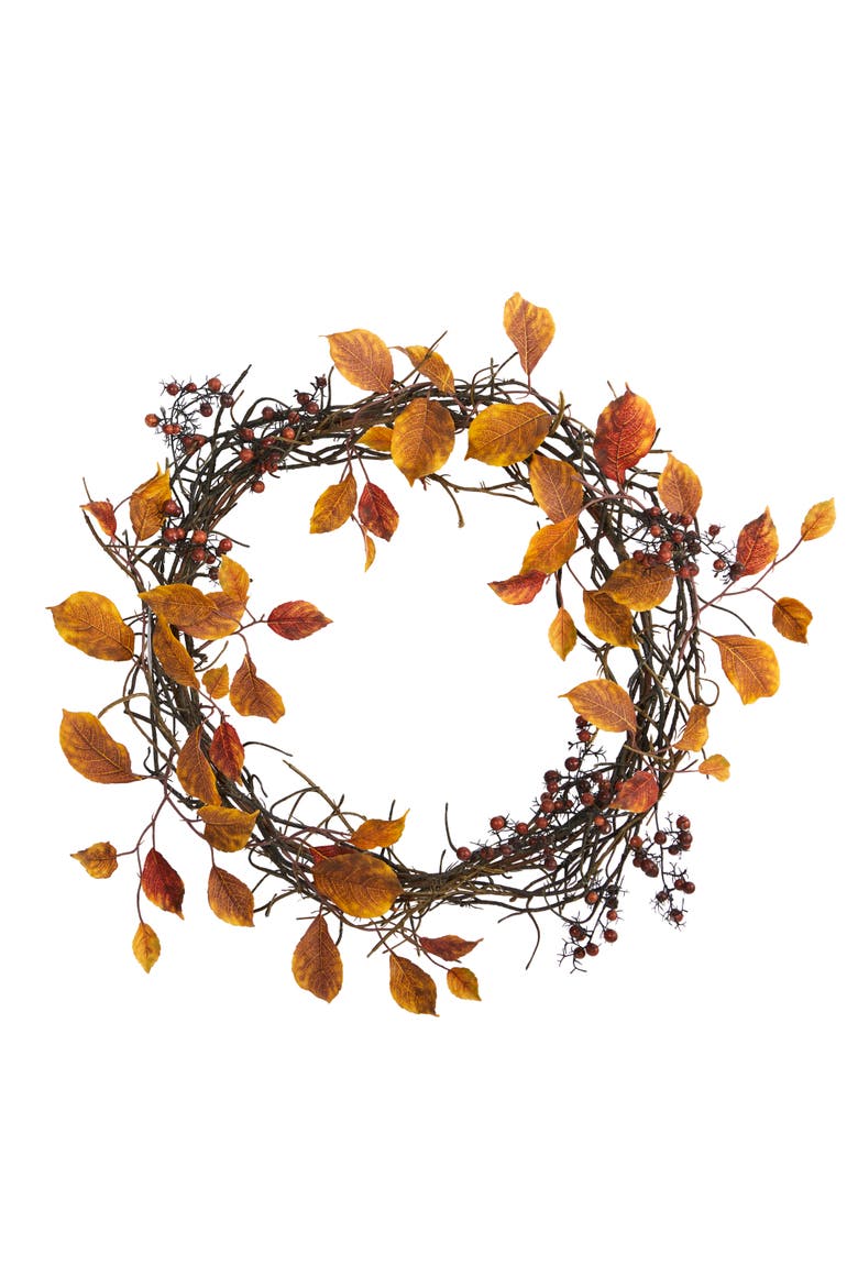 19-in Harvest Leaf, Berries and Twig Artificial Wreath, Main, color, Orange