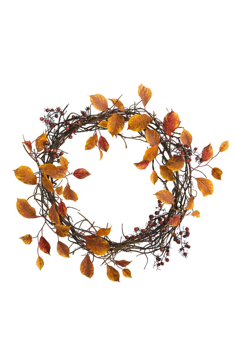 NEARLY NATURAL 19-in Harvest Leaf, Berries and Twig Artificial Wreath, Main, color, Orange