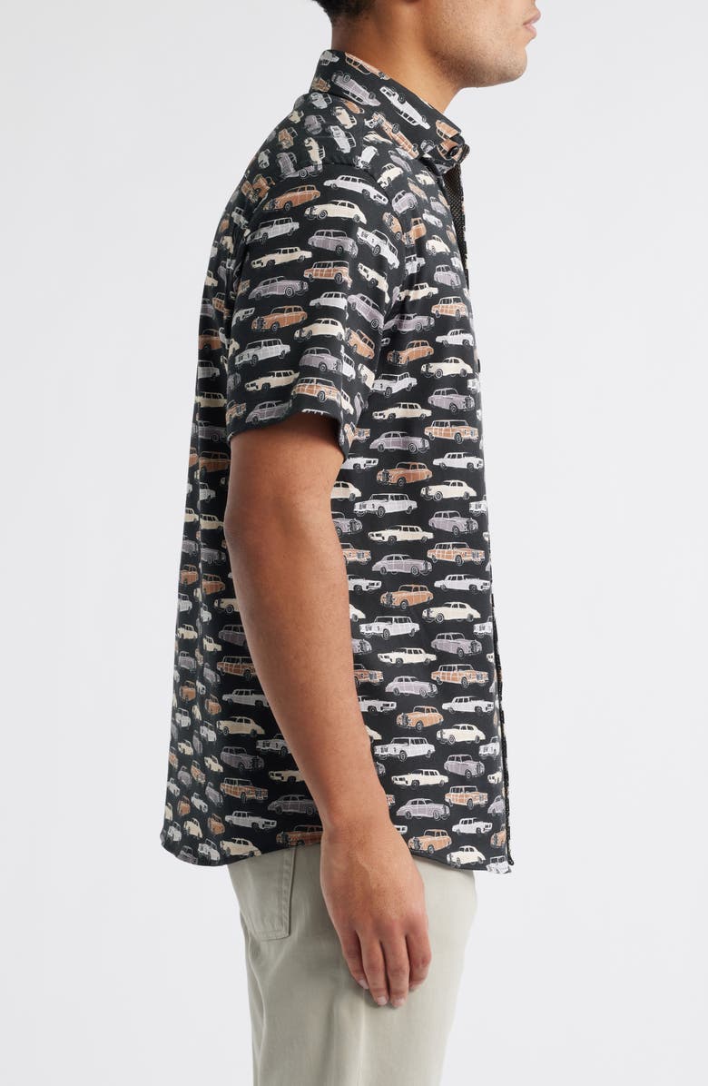 Stone Rose Ridin' Dirty Vintage Car Print Short Sleeve Stretch Cotton Blend Button-Up Shirt, Alternate, color, 