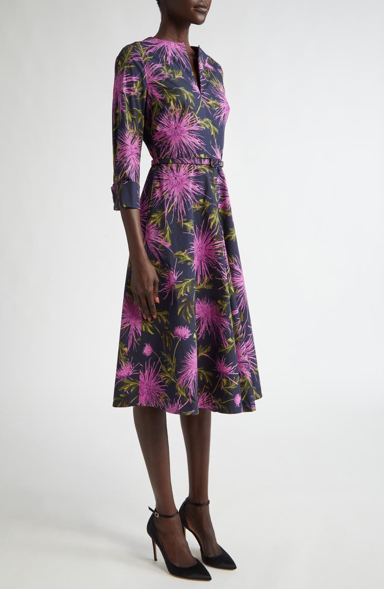 Oscar de la Renta Floral Belted Split Neck Stretch Cotton Dress, Alternate, color,