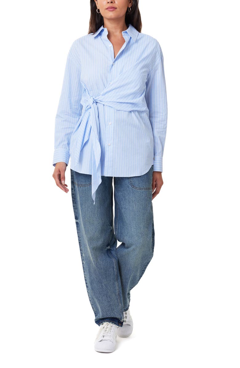 Scotch & Soda Stripe Side Tie Button-Up Cotton Shirt, Alternate, color, Sky Blue/ White Stripe