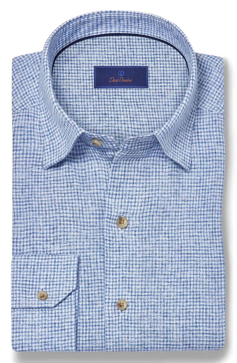 David Donahue Check Linen Button-Up Shirt, Alternate, color, White/ Navy