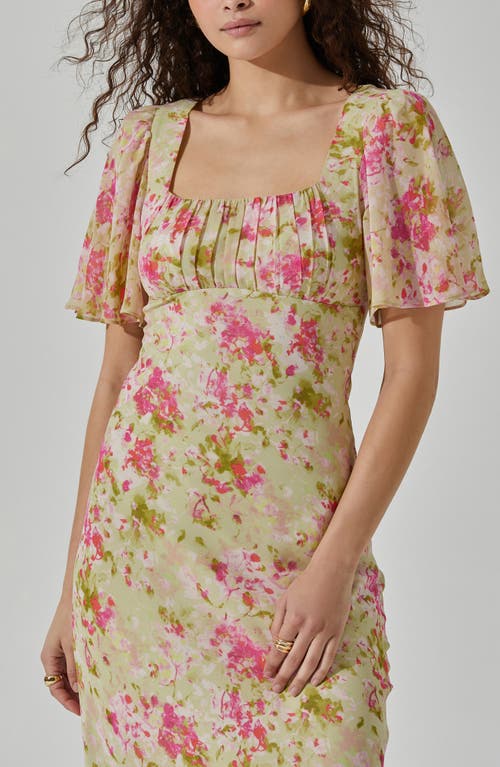 Astr Floral Tie Back Flutter Sleeve Dress In Lime Pink Floral
