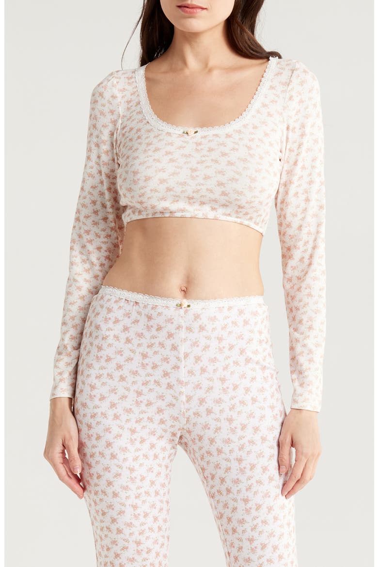 Lace Trim Long Sleeve Stretch Modal Crop Top, Main, color, DITSY PINK FLORAL