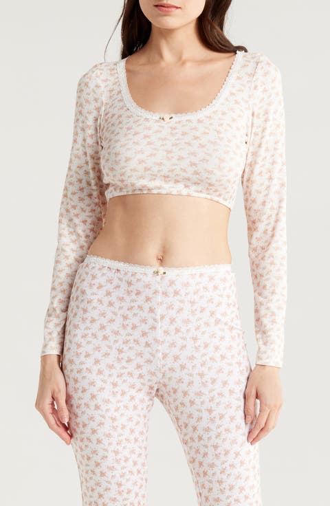 Lace Trim Long Sleeve Stretch Modal Crop Top (Regular & Plus)