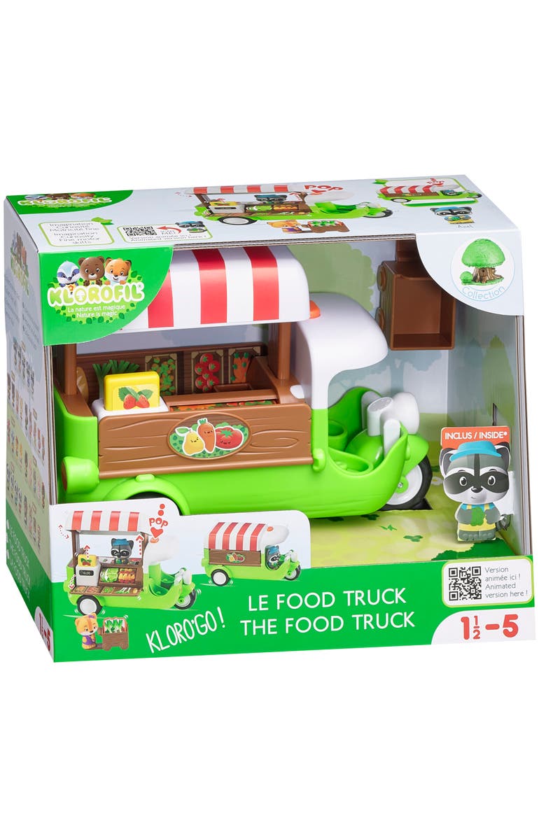 Timber Tots Food Truck 6 Piece Vehicle Playset, Raccoon Figure, Popup Roof, Main, color, Multicolored