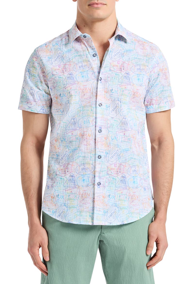 Passport Short Sleeve Cotton Seersucker Button-Up Shirt, Main, color, ORANGE MULTI