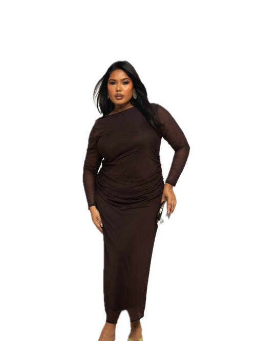 Shop Fashion-szn Curve Long Sleeve Chocolate Mesh Midaxi Dress