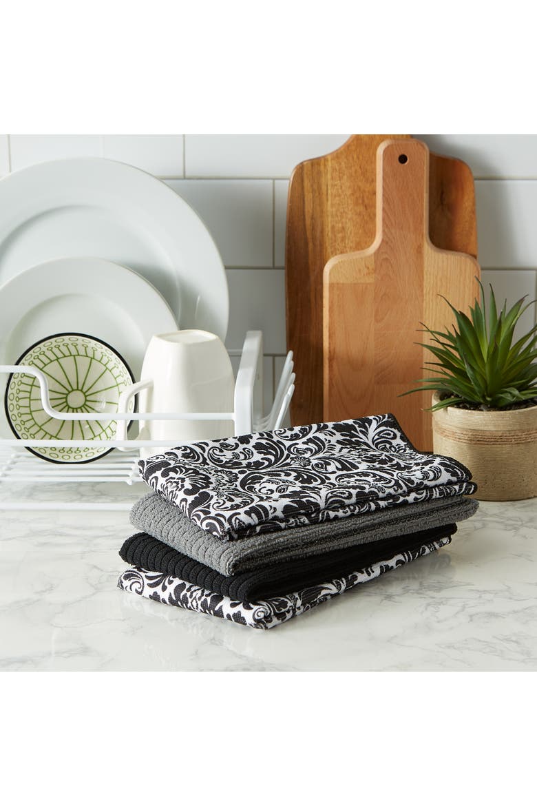 Black Damask Microfiber Dishtowel Set/4, Alternate, color, Black