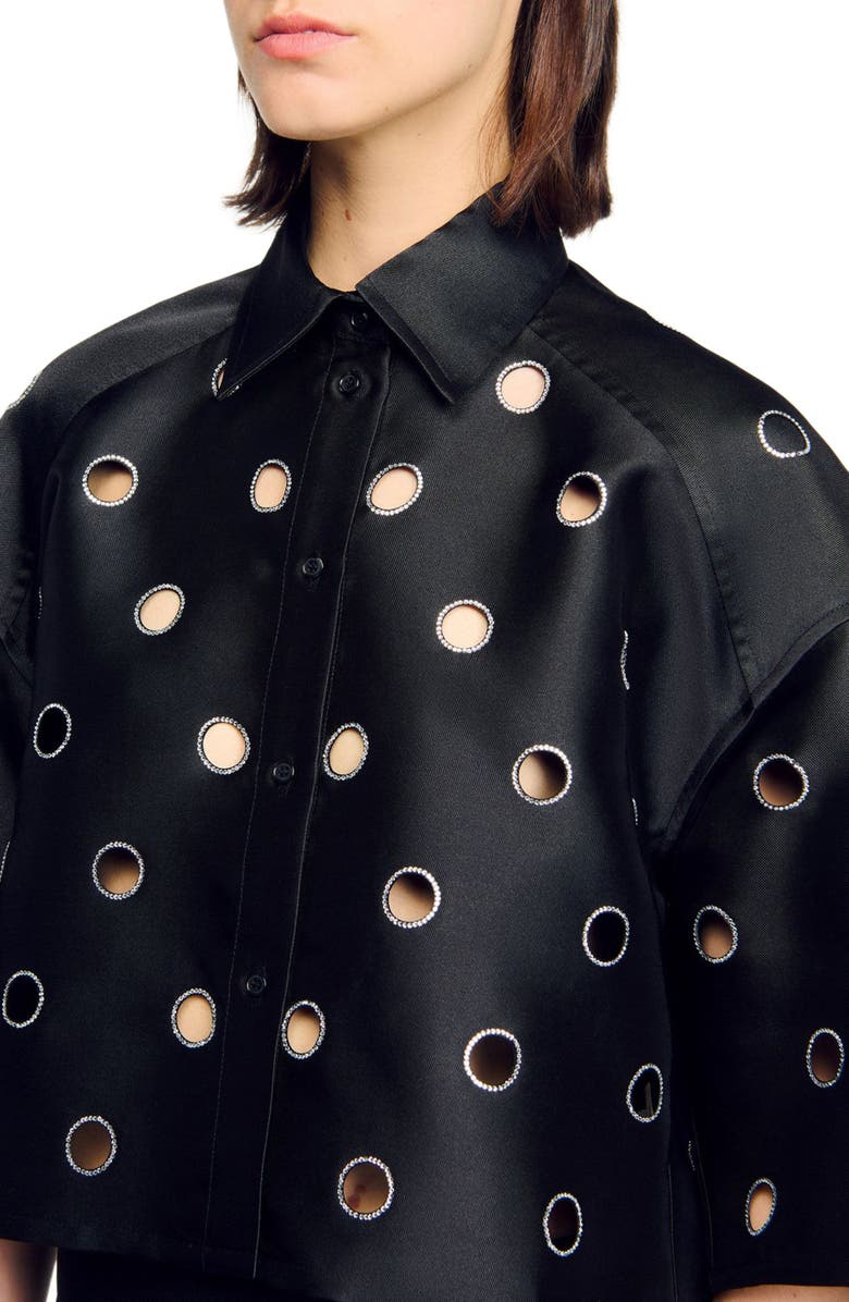 SANDRO Oversized shirt with rhinestones holes, Alternate, color, Black