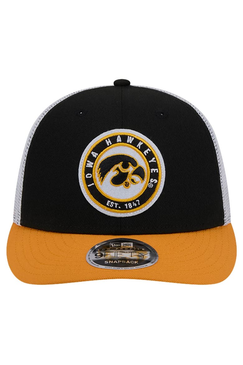 Men's New Era Black Iowa Hawkeyes Throwback Circle Patch 9FIFTY Trucker Snapback Hat, Alternate, color, Black