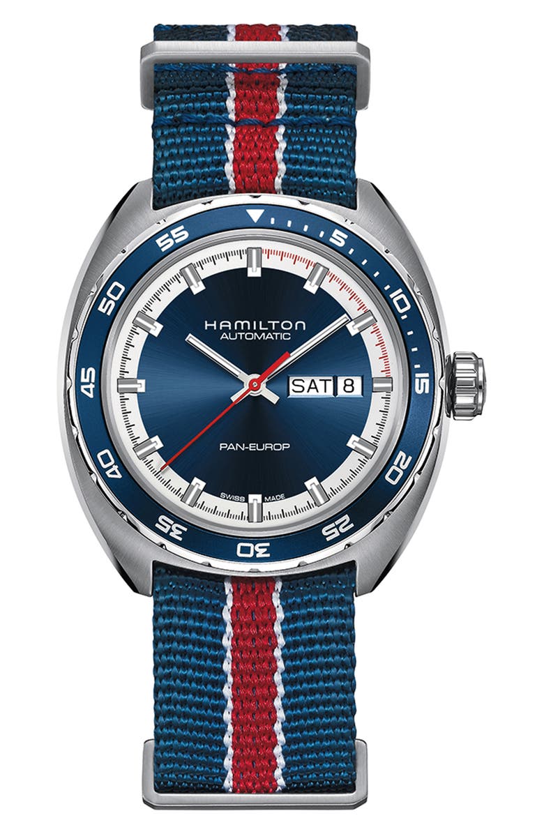 Hamilton American Classic Pan Europ Automatic Leather Strap Watch; 42mm, Main, color, 