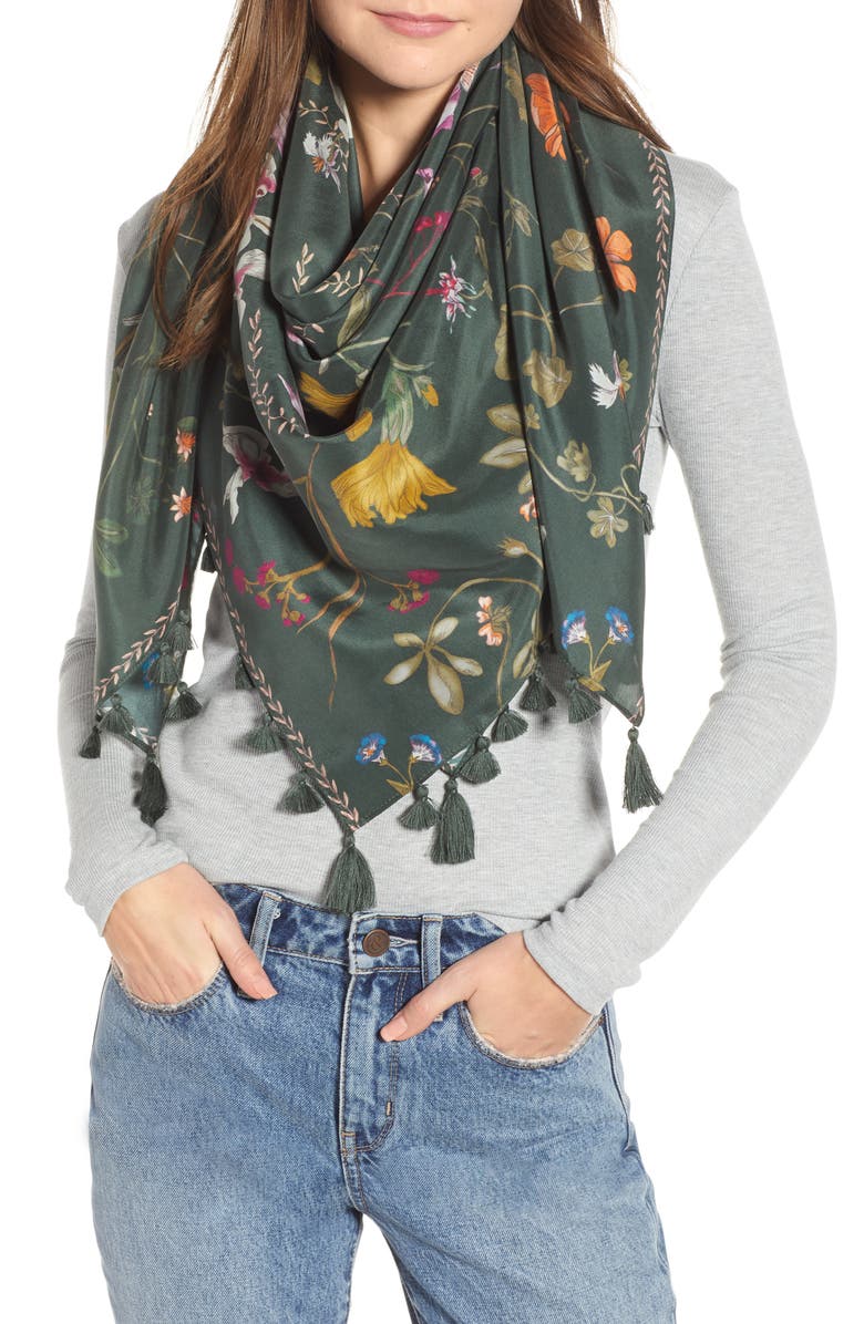 Treasure & Bond Floral Print Tassel Silk Scarf, Main, color, 