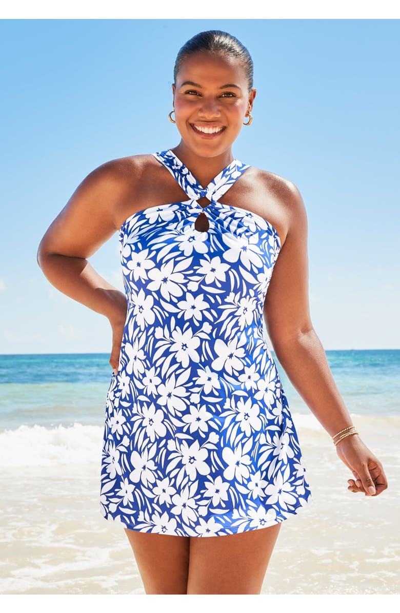 Swimsuits for All High Neck Halter Ring Swimdress, Alternate, color, Royal Floral