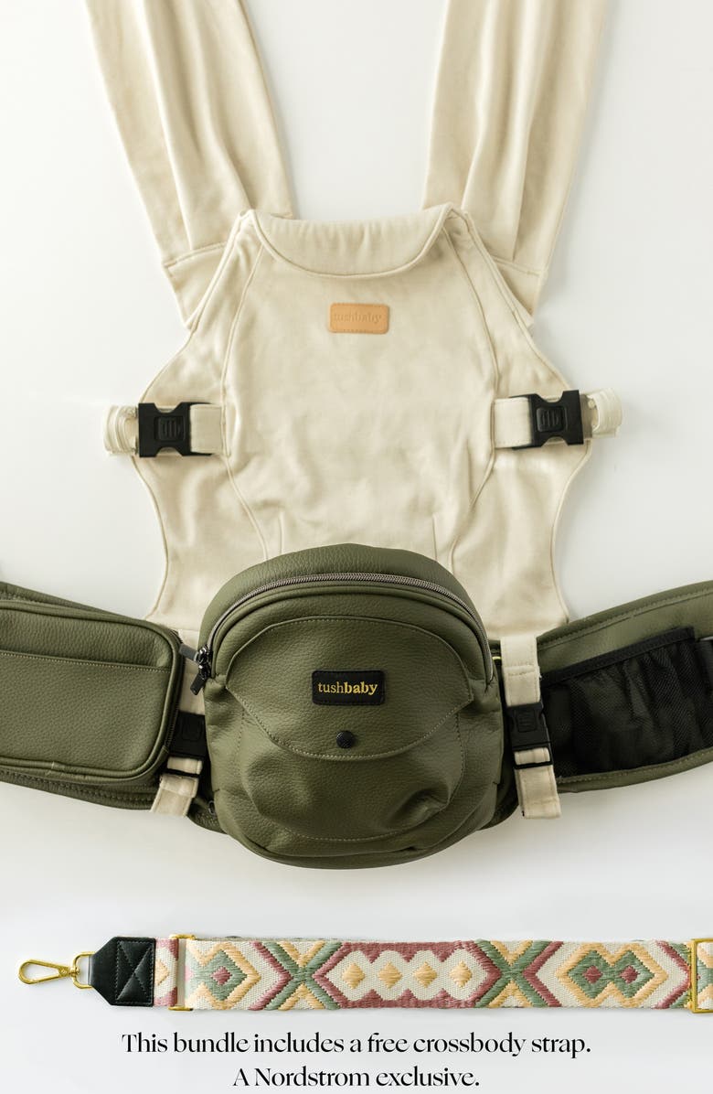 Tushbaby Hands-Free Carrier Set with Included Crossbody Strap, Alternate, color, Olive/ Cream/ Embroidered Pink