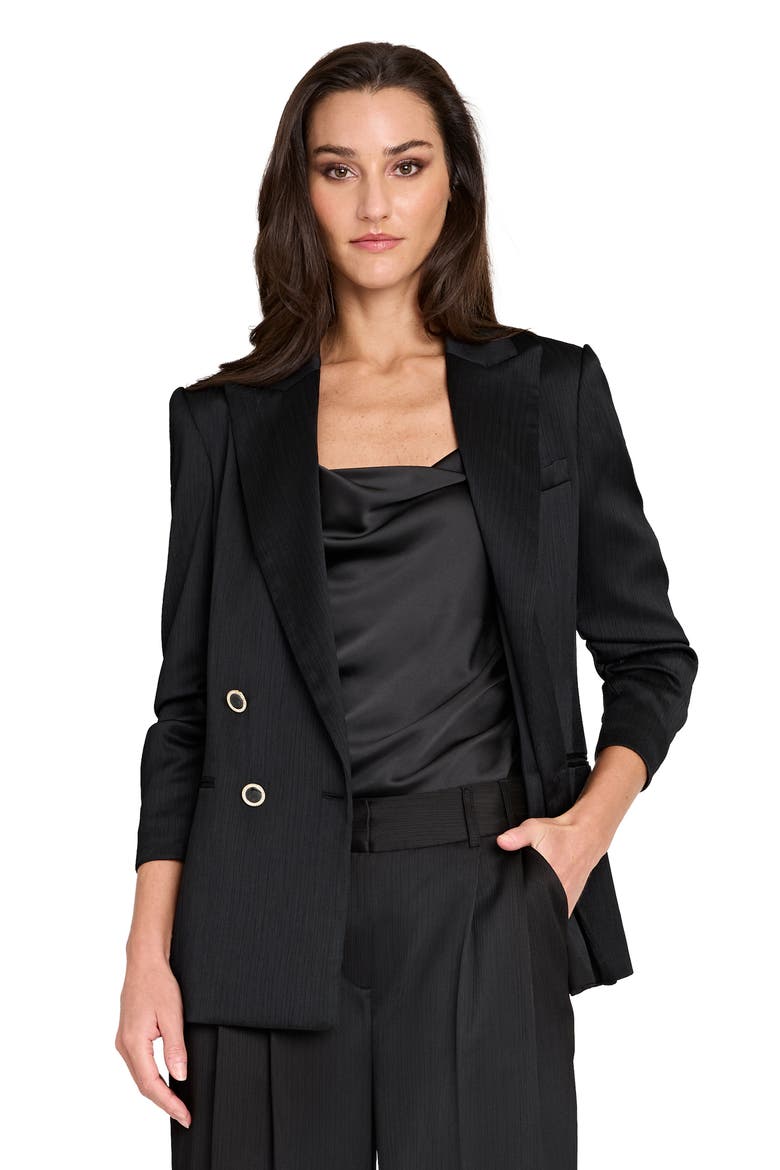 Double Breasted Crinkle Satin Blazer, Alternate, color, BLACK