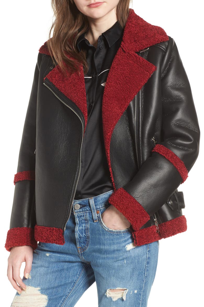 Oversize Faux Shearling Moto Jacket, Main, color, BLACK