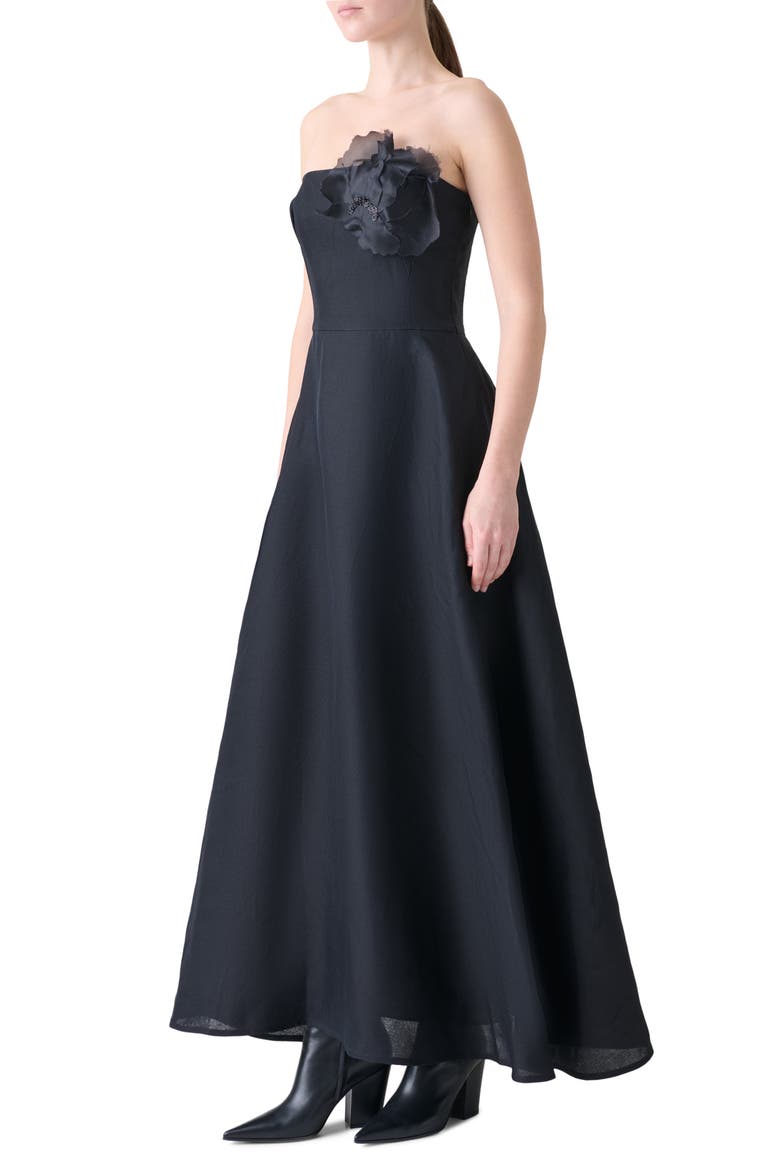 Corsage Flower Strapless Silk Maxi Dress, Alternate, color, BLACK