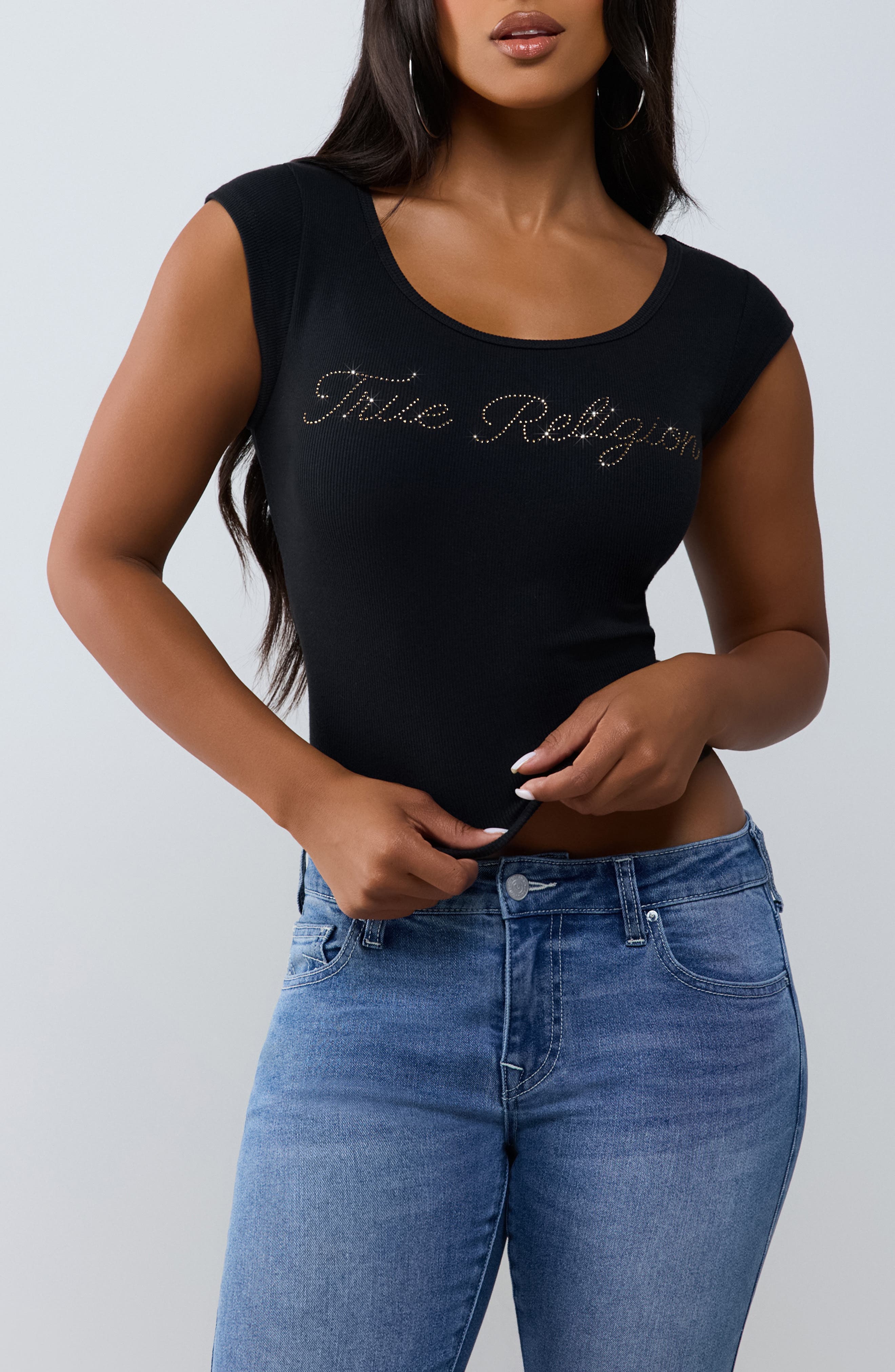 Script Ribbed Scoop Neck T-Shirt