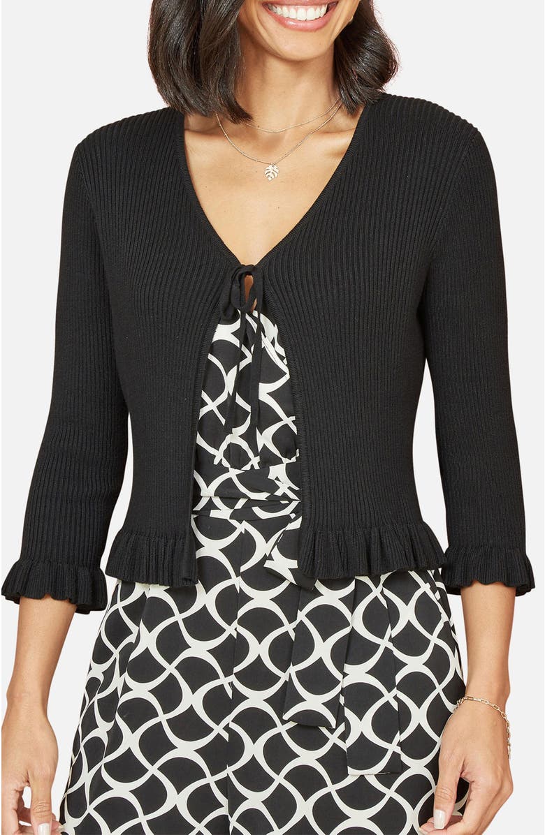 Yumi Tie Front Frilled Hem Ribbed Cardigan, Alternate, color, Black