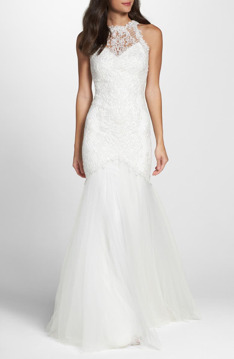 Tadashi Shoji Lace Halter Mermaid Wedding Dress, Main, color, 