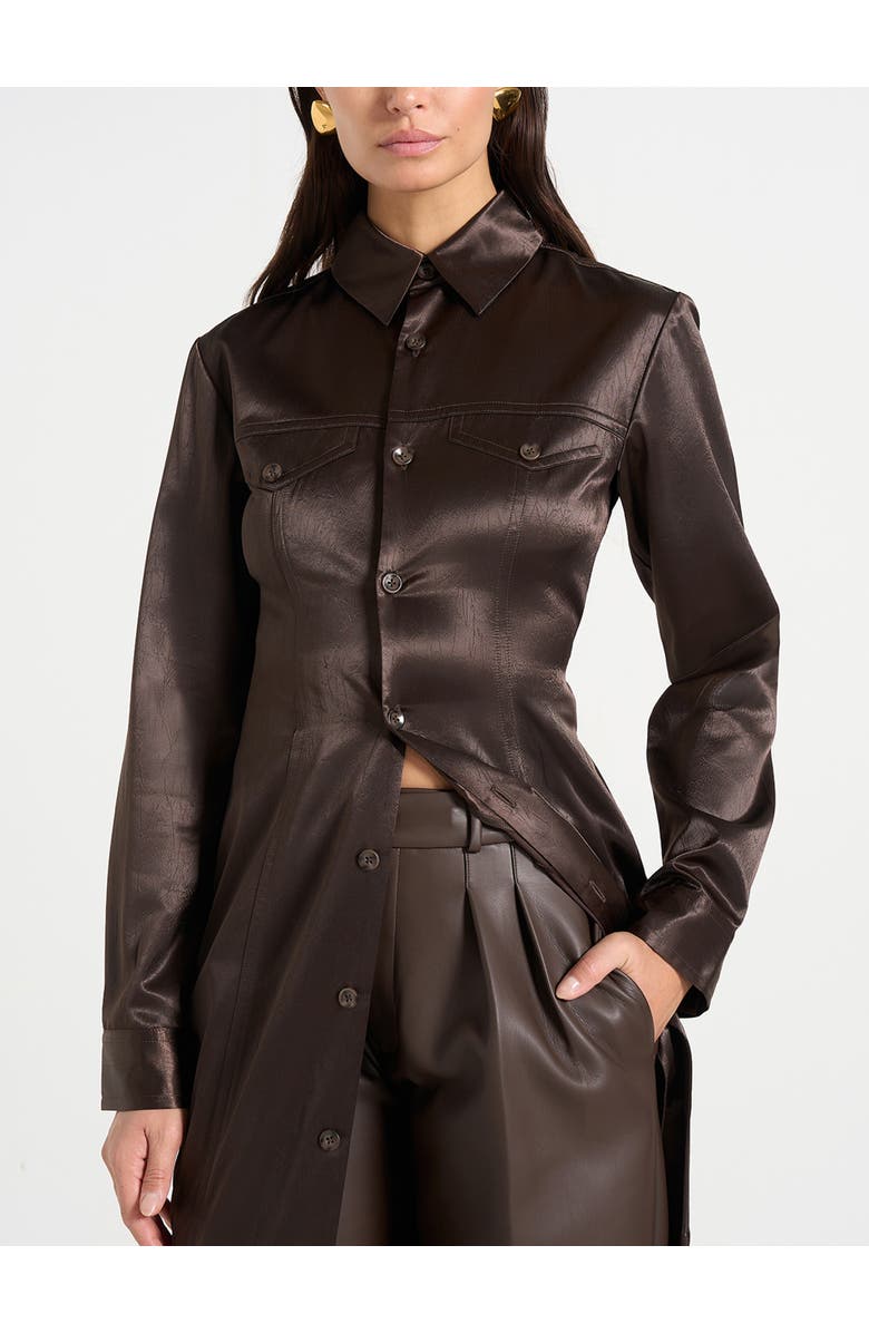 Manière De Voir Etta Crinkled Satin Midaxi Shirt Dress, Alternate, color, Dark Brown