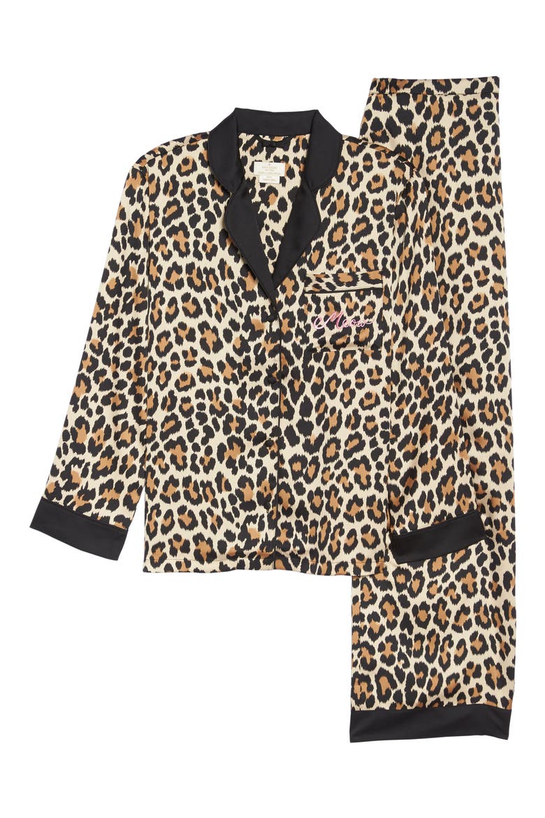 kate spade new york leopard print charmeuse pajamas & sleep mask, Alternate, color, BROWN ANIMAL
