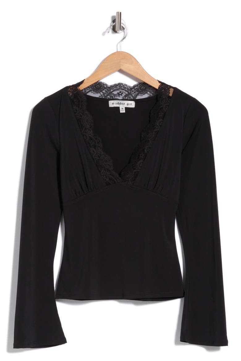 Lace Trim Bell Sleeve Top, Alternate, color, BLACK
