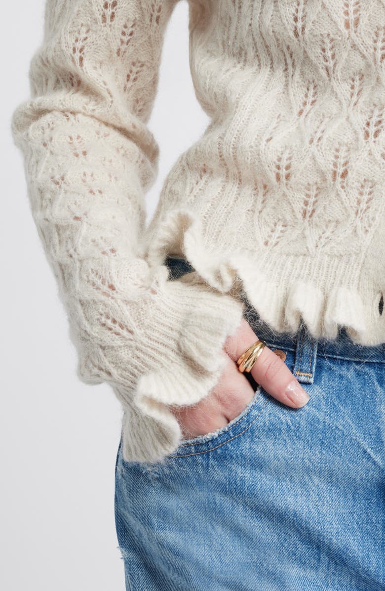 Treasure & Bond Pointelle Ruffle Edge Cardigan, Alternate, color, Beige Oatmeal Light Heather