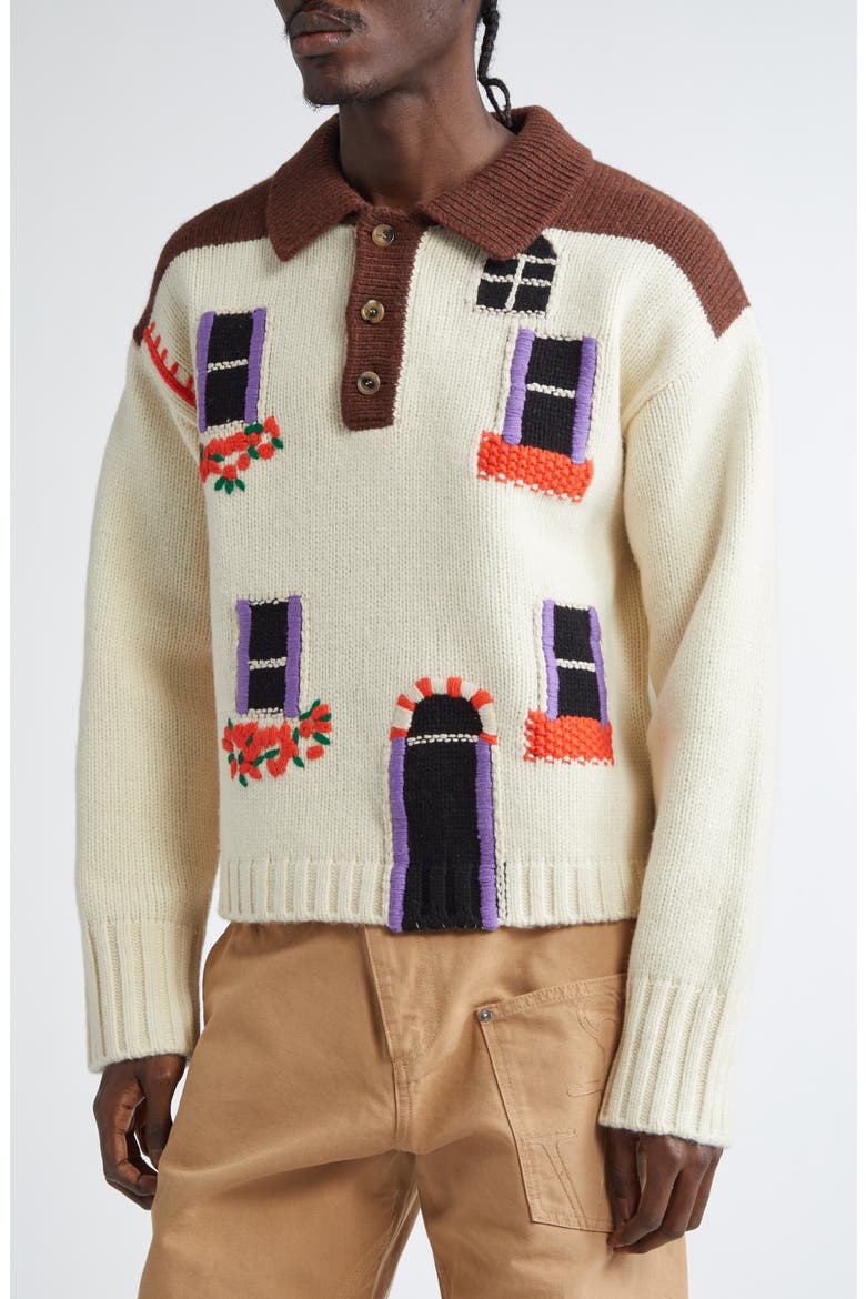 House Intarsia Embroidered Wool Polo Sweater, Alternate, color, FLAX