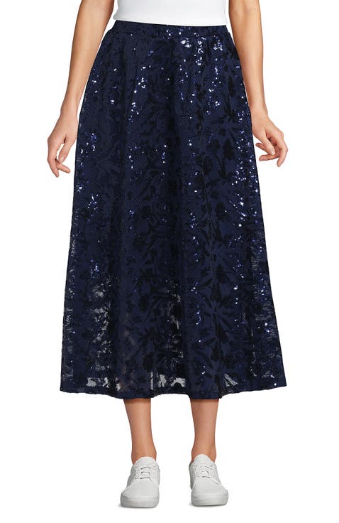 Sequin Lace Mid Rise Midi Skirt