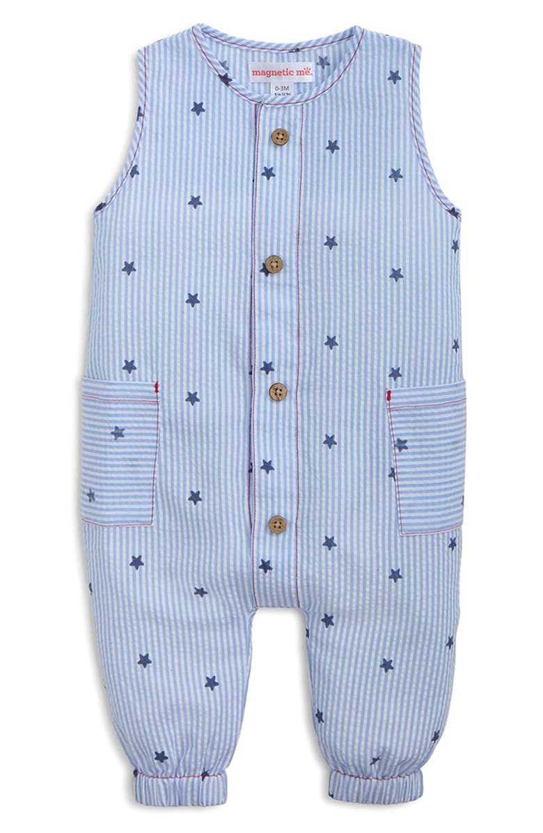 Magnetic Me Seersucker Stripe Sleeveless Romper, Main, color, Seers