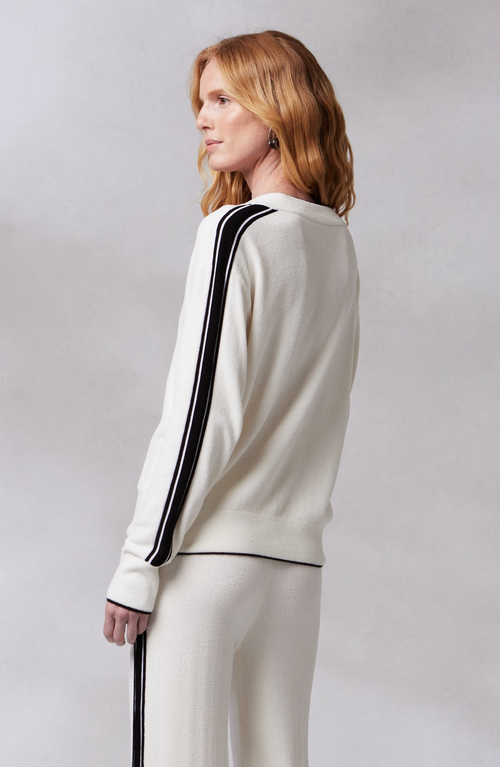 Shop Kashwere Apparel V Neck Track Sweater In Creme/black Stripe